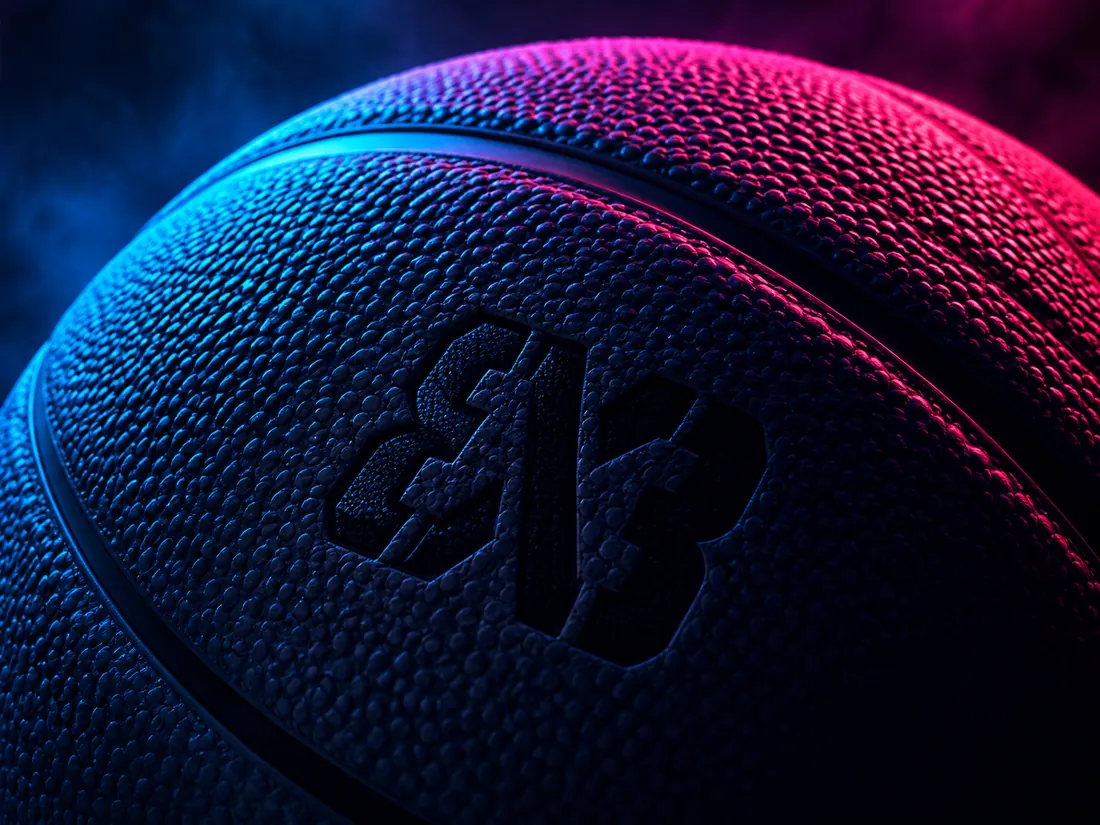 Ballon de basket éclairé en rose et bleu, logo BAB3X3 gravé dans le cuir.
